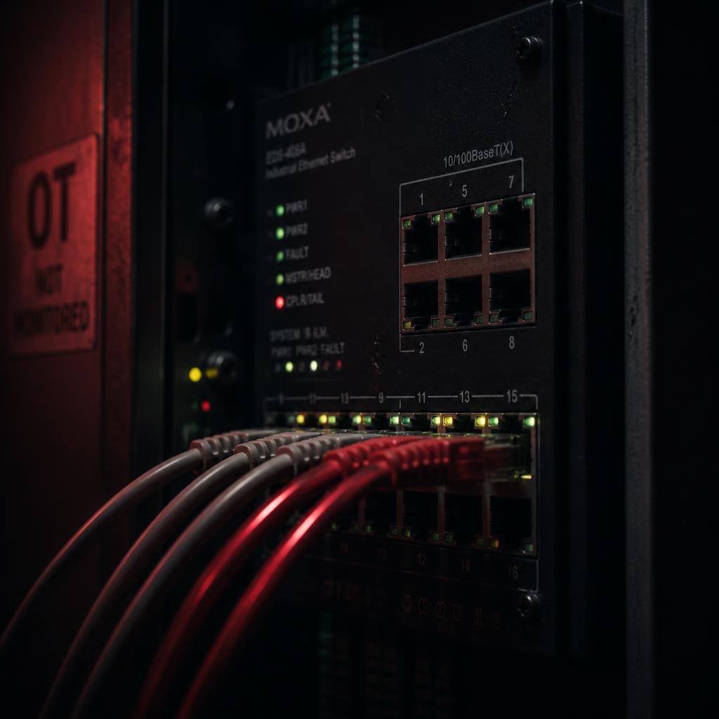 Industriele ethernet switch met rode netwerkkabels in een onbewaakt OT rack.